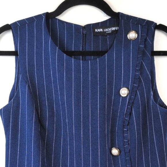 Karl Lagerfeld Paris Navy Pinstripe Sheath Dress  Gold Pearl Buttons Old Money - Picture 3 of 9